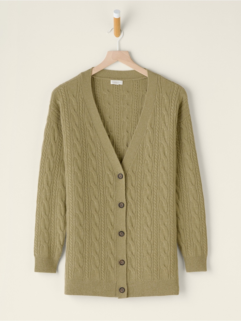 Olive Cashmere Cable-Knit V-Neck Button Cardigan Sweater. ~46.25” chest/sweep